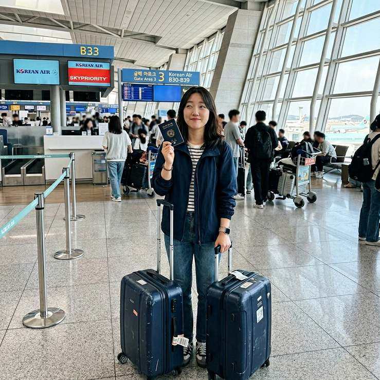 인천공항 출국장에서 여권과 캐리어를 든 여행자