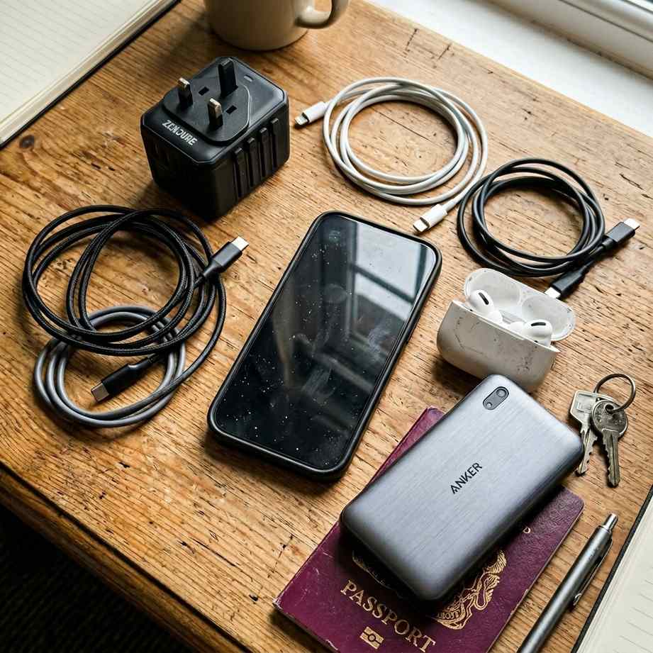 호텔 책상 위에 놓인 여행용 멀티탭 어댑터와 충전 케이블