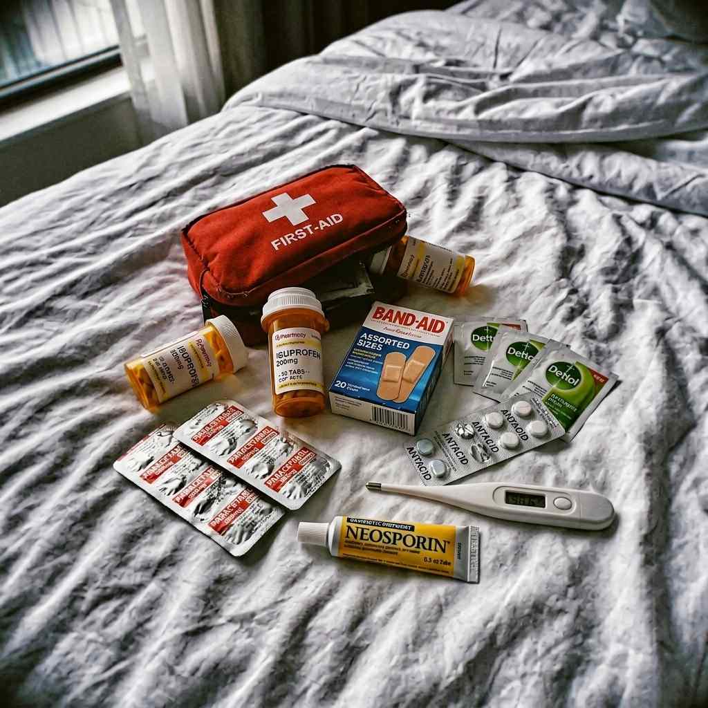 흰 시트 위에 정리한 여행 상비약과 반창고