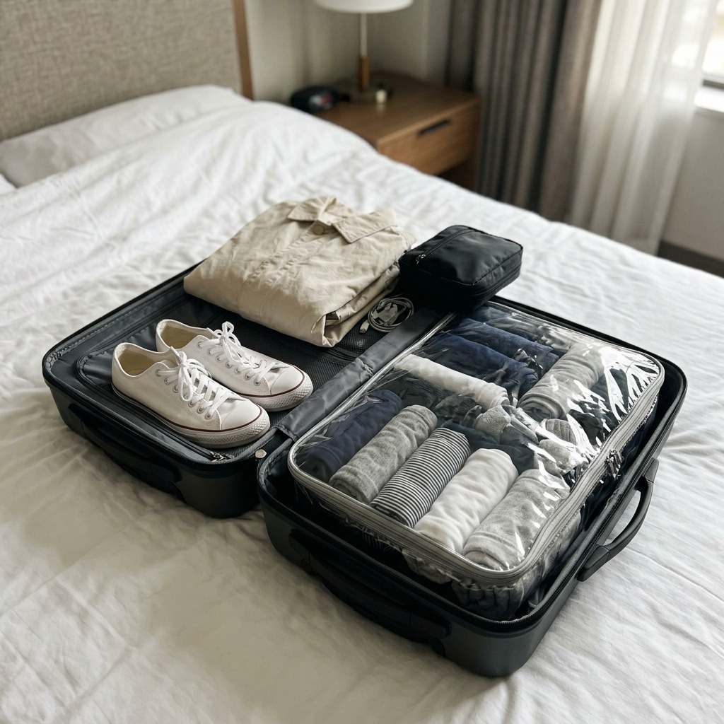 캐리어에 롤링 패킹한 옷과 스니커즈