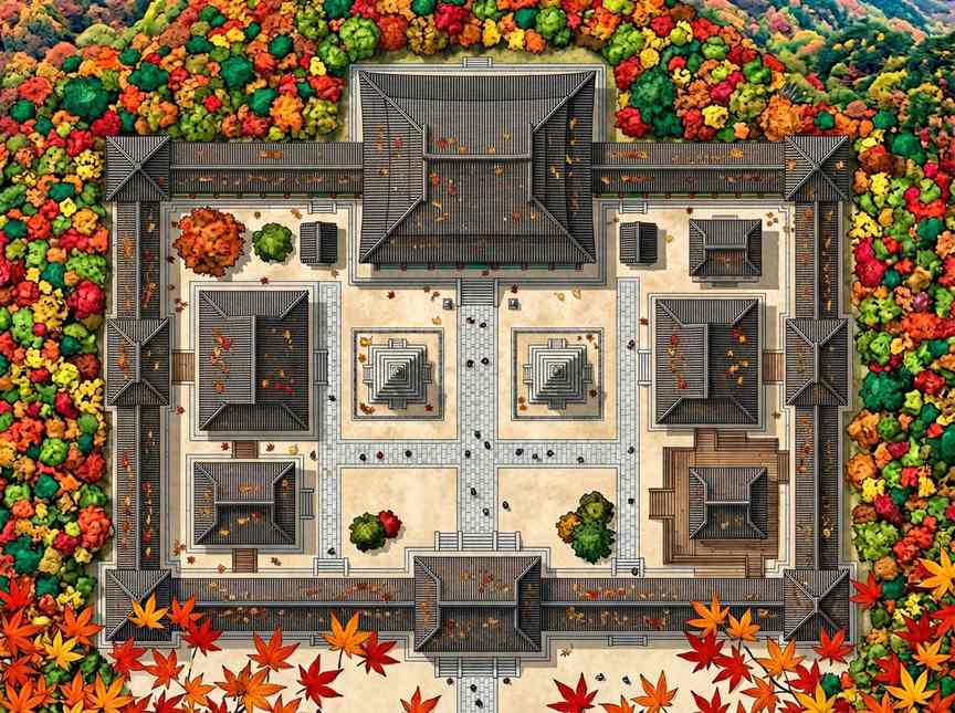 한국 경주 불국사의 고즈넉한 가을 풍경과 단풍