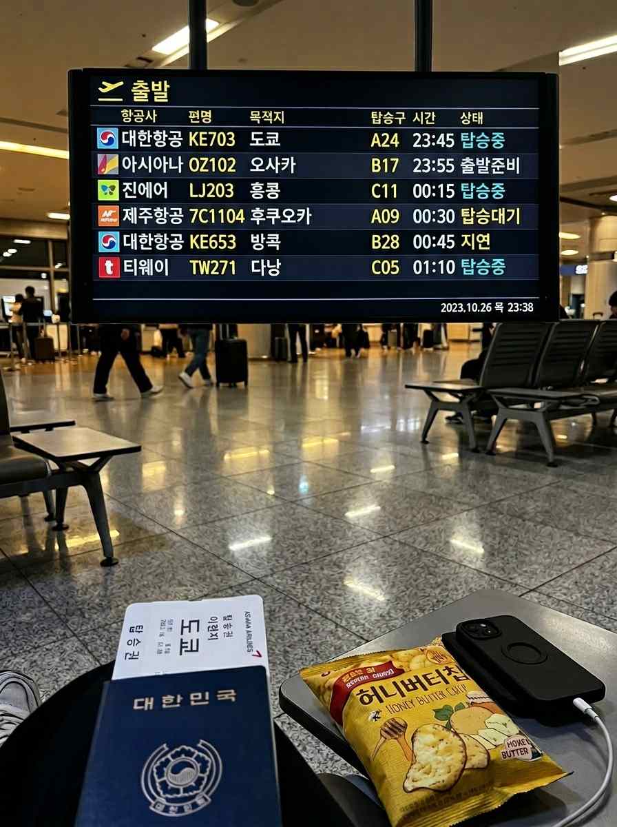 한국 공항의 밤 풍경, 출발 전광판에 늦은 밤 비행기 목록이 보이는 모습