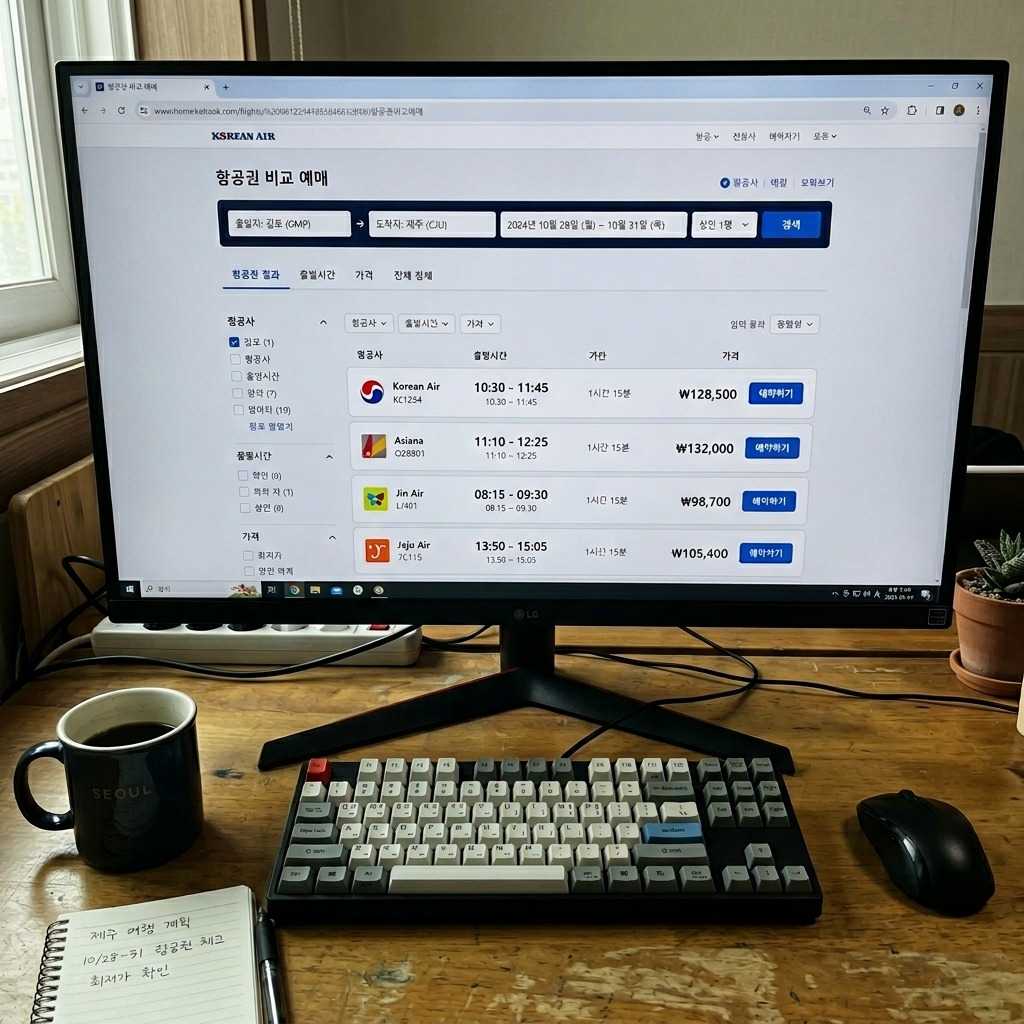 컴퓨터 화면에 항공권 예약 사이트가 열려 있고, 여러 항공권 가격이 비교되는 모습