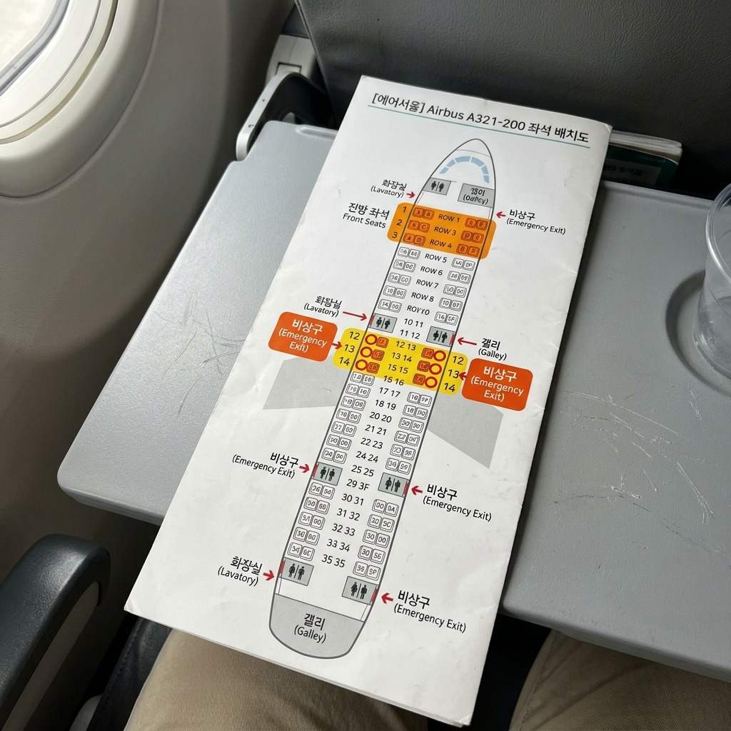 비행기 내부 좌석 배치도, 비상구 좌석과 앞쪽 좌석이 강조 표시된 모습