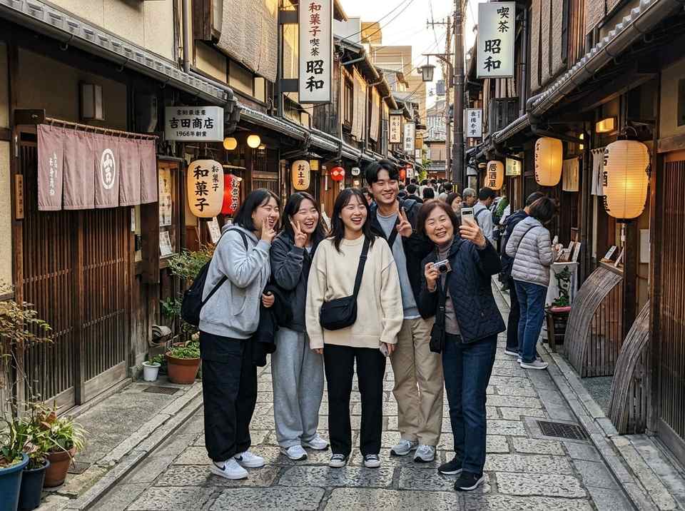 한국인 여행객들이 일본의 고풍스러운 소도시 골목길에서 기념사진을 찍는 모습