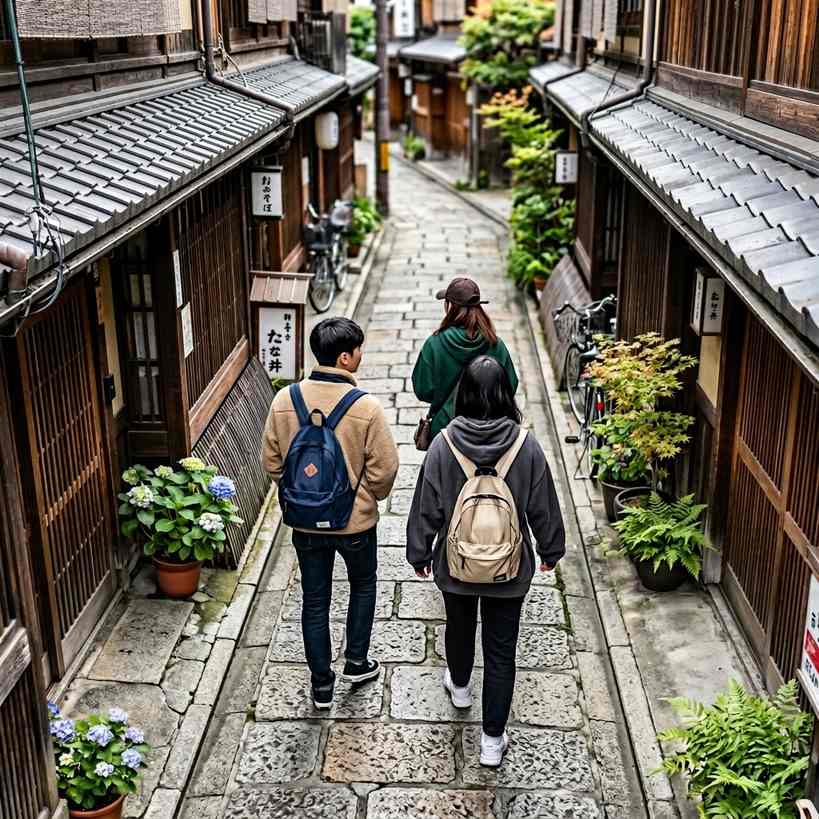 한국인 여행객들이 일본의 고즈넉한 소도시 골목길을 걷는 모습